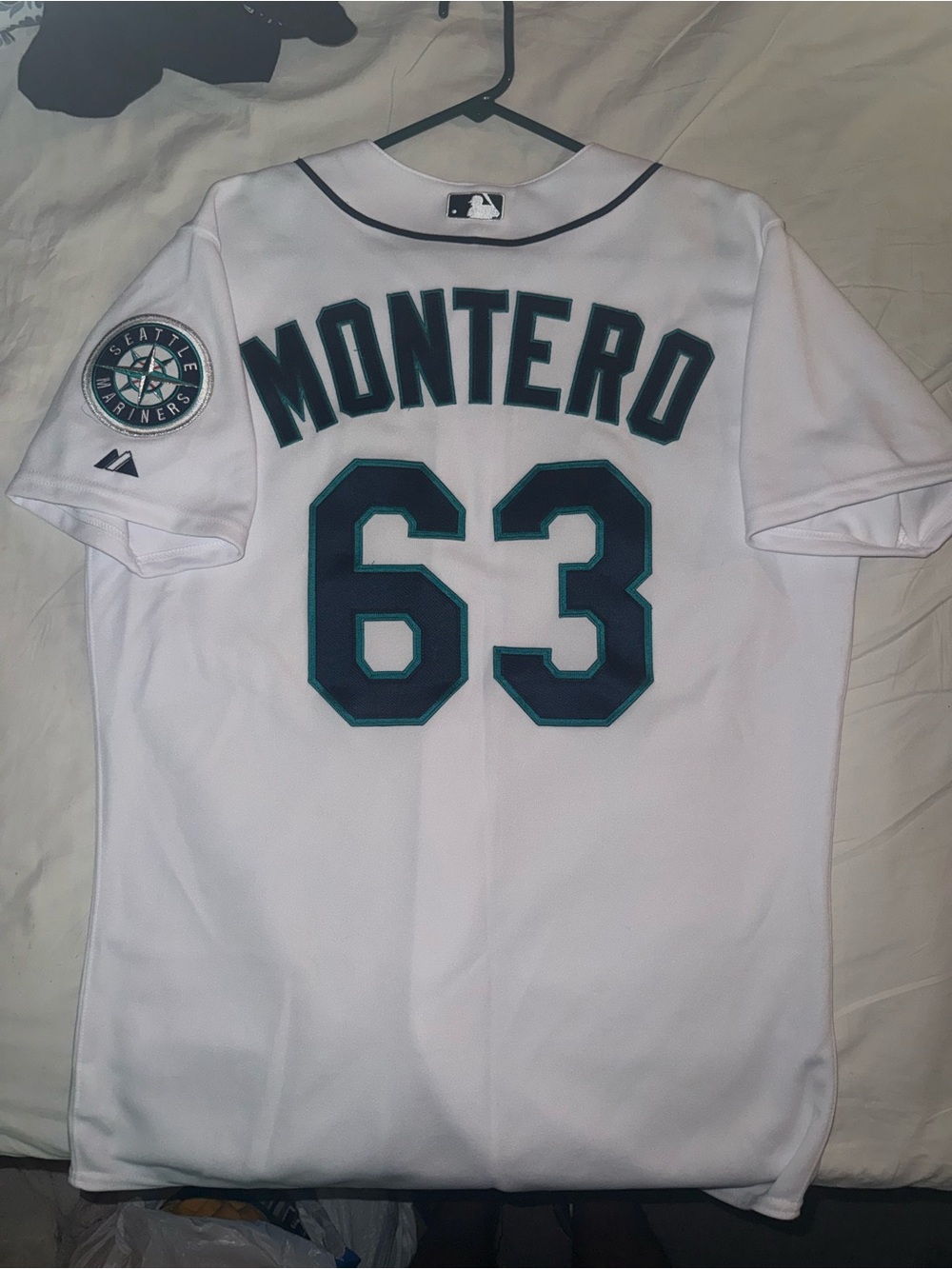 Majestic White Mariners Montero #63 Jersey with Teal/Navy Trim